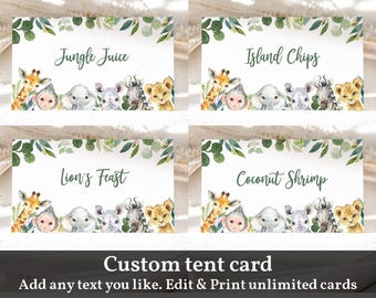Safari Food Tent Cards: Jungle Animals, Green and Gold Bir10 Bab165