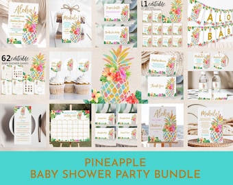 Tropical Pineapple Baby Shower Invitation Bundle (Editable Printable)