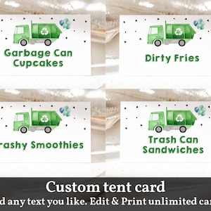 Müllwagen Party Essen Zelt Karte Müllwagen Lebensmitteletiketten Bearbeitbare Zeltkarte Müllwagen Geburtstag Recycle druckbares Dekor Bir434 Bir471