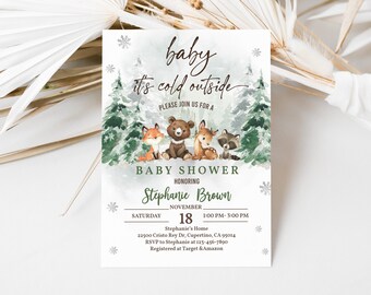 Invito per baby shower a tema bosco invernale - Animali del bosco, vegetazione botanica Bab232
