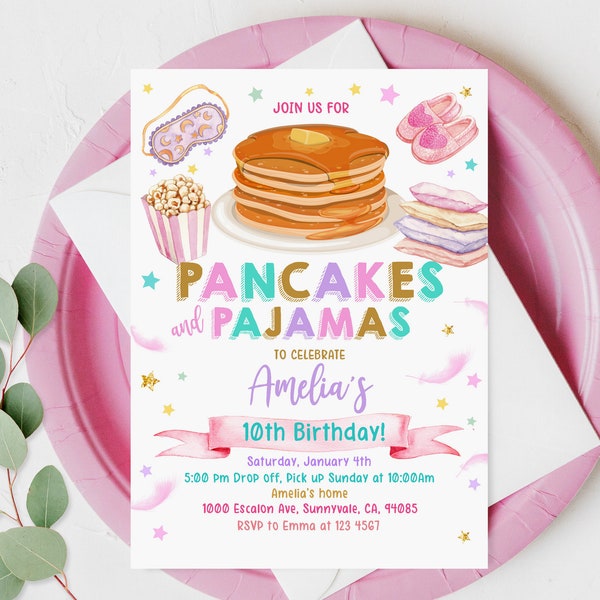 Pancakes and Pajamas Party Birthday Invitation Pancake Pajama Sleepover Party Invite Slumber Popcorn Pink Purple Editable Printable Bir337