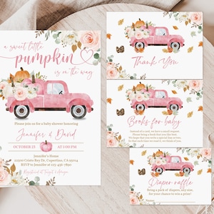 Little Pumpkin Baby Shower Invitation Set Pink Truck Fall Shower Invite Pack Girl Autumn Boho Rustic Editable Printable Download Bab170