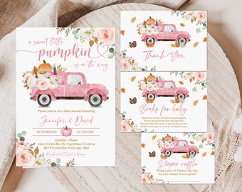 Baby Shower Invitation Set: Little Pumpkin, Pink Truck - Autumn Boho Style Bab170