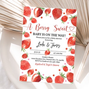 Strawberry baby shower Invitation Red Strawberry Baby Shower Invite Berry Sweet Strawberry Summer Digital Editable Printable Download Bab181