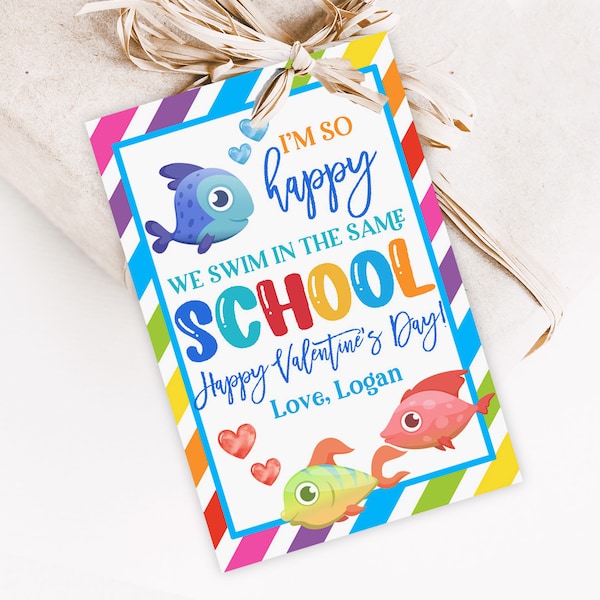 Fish Valentine's Day Tag Fish Valentine School favor Tag Class Rainbow Boy Girl Kids Valentine Label Digital Editable Download Vat6