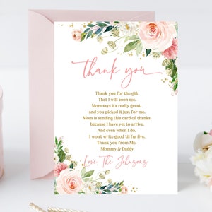 Tarjeta de agradecimiento con flores en rosa ruborizada, nota de agradecimiento para baby shower, plantilla boho con flores en rosa para baby shower de niña, editable, imprimible, descarga Bab158
