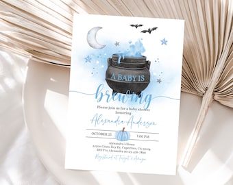 A Baby is Brewing Halloween Baby Shower Invitation Halloween Invite Boy Blue Witch October Cute Fall Editable Printable Download Haba2