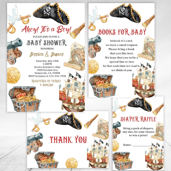 Pirate Baby Shower Invitation Set Pirate Party Invite Suite It's a Boy Ahoy Matey DOWNLOAD EDITABLE Printable Treasure Box Pirate Ship Bab72