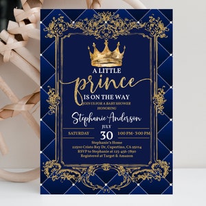 Invito per baby shower del principe Invito reale per principe Corona blu navy oro Invito per ragazzo Inviti per feste del principe Modificabile Stampabile Scarica Bab218