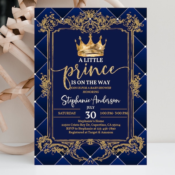 Prince Baby Shower Invitation Royal Prince Invite Crown Navy Gold Boy Invite Prince party Invitations Editable Printable Download Bab218