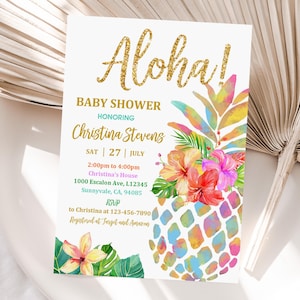 Pineapple Baby Shower Invitation Tropical Shower Invite Editable Hawaiian Luau Aloha Floral Invite Summer Canva Download Printable Bab38