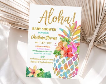 Pineapple Baby Shower Invitation - Tropical Luau Editable Design Bab38
