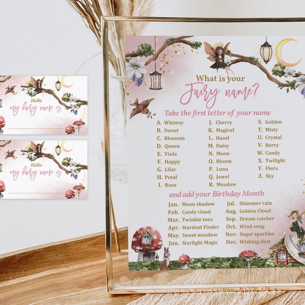 Editable Fairy name game What Is your Fairy Name sign and card Enchanted Forest Rustic Magical Floral Fairy Birthday Party Printable Bir275