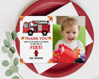 Editable Firetruck birthday photo thank you card Firefighter Fireman Thank you note Digital Printable note card Fire Engine Birthday Bir71