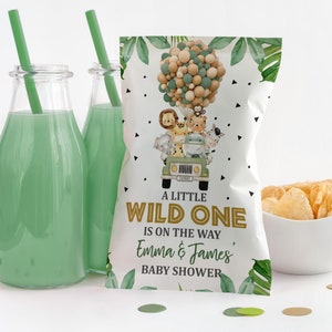 Bolsa de chips para baby shower de safari, bolsa de chips Wild One, regalo de fiesta de safari de género neutro, regalo de fiesta de jungla, editable, imprimible, descarga Bab153