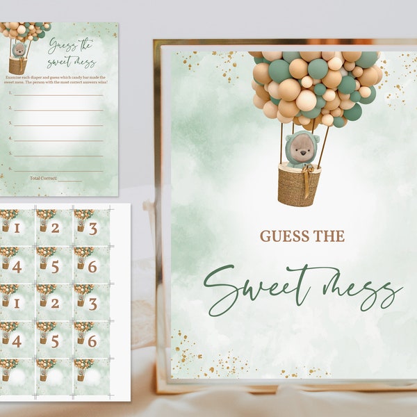 Teddy bear Guess the sweet mess game Bear baby shower games Gender neutral Green Brown Balloons Digital Editable Printable Download Bab163