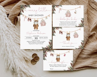 May include: A set of printable baby shower invitations with a woodland theme. The invitations feature a pink and brown color scheme with a cute cartoon deer wearing a brown outfit and holding a gift bag. The text on the invitations reads "a merry little baby shower", "honoring Stephanie Anderson", "Saturday December 30 1:00 PM 3:00 PM", "Stephanie's Home 22500 Cristo Rey Dr. Cupertino, CA 95014", "RSVP to Stephanie at 123-456-7890", "Registered at Target & Amazon", "books for baby", "Instead of a card, we have a small request. Please bring a book that you like best. We hope that you write a special line or two so that each time we read it, we think of you", "thank you", "with love, Stephanie and James", "diaper raffle", "Bring a pack of diapers, any size, for your chance to win a prize!" and "Name:".