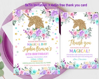 Unicorn Birthday Invitation Rainbow Party Gold Glitter Pink Girl Magical Day Invites Editable Printable Free Thank you Download Bir128