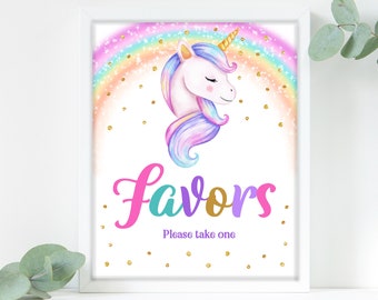 May include: A printable sign with a unicorn illustration and a rainbow background. The sign says "Favors" in colorful letters and "Please take one" in smaller letters.