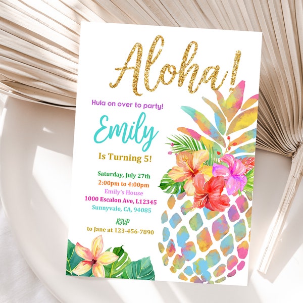 Pineapple Birthday Invitation Tropical Party Invite Luau Hawaiian Invitation Rainbow Gold Summer Digital Printable Editable Download Bir130