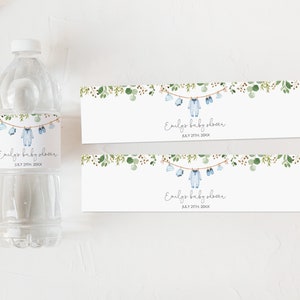 Baby Clothes Water Bottle Label Laundry Baby shower water bottle label template Boho Boy blue Greenery Editable Printable Download Bab214