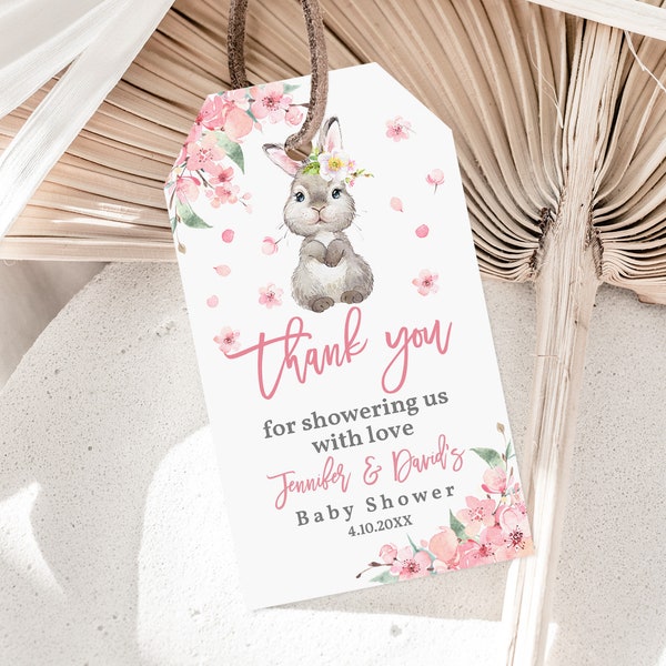 Bunny Baby shower Favor tag Rabbit thank you Tag Spring party Favor Tag Girl Pink Floral Sakura Easter Party Tag Editable Printable Eaba3