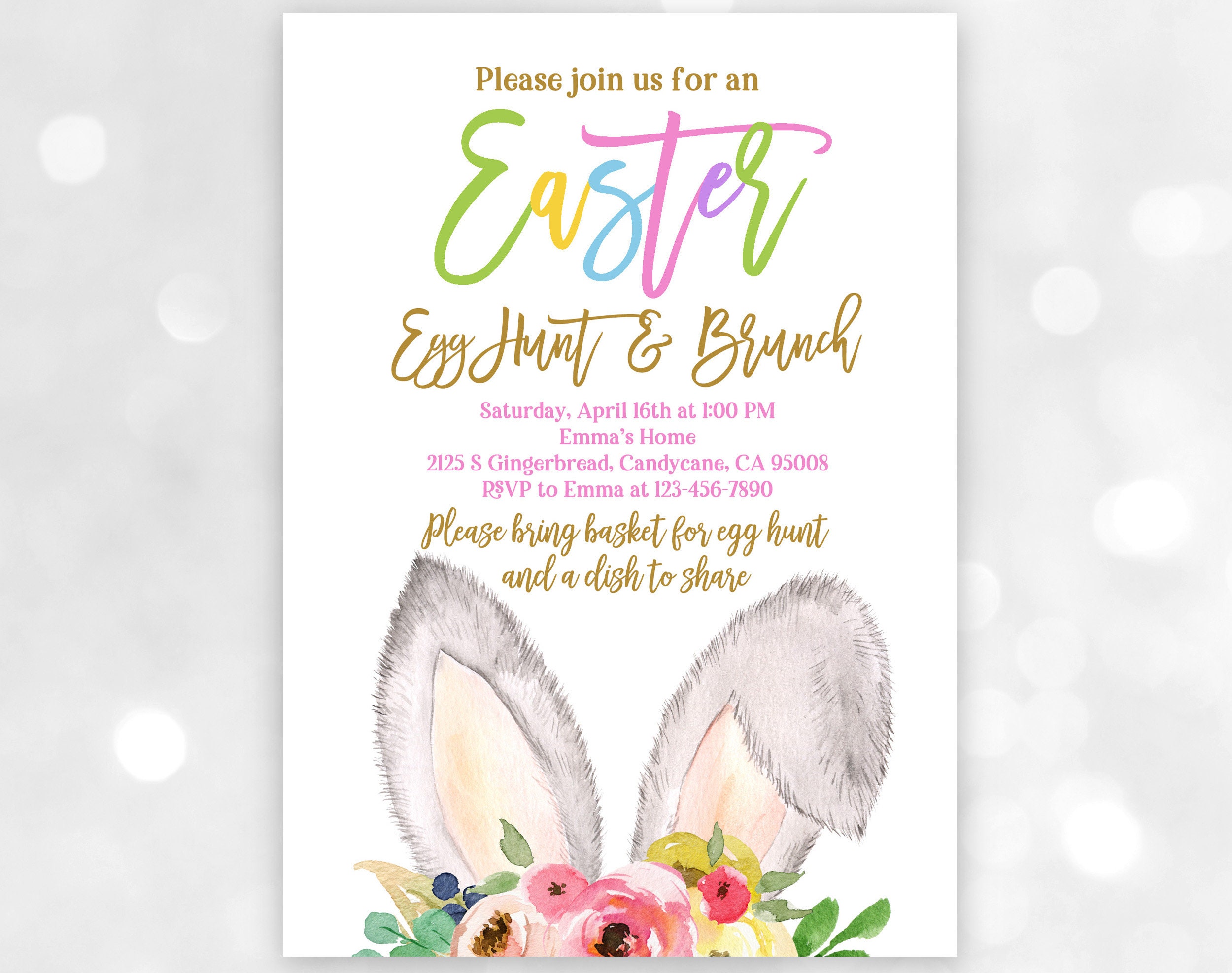 Easter Egg Hunt Brunch Invitation Bunny Easter Party Invite Rabbit Floral Spring Patel Pink Gold Editable Printable Download EpI2