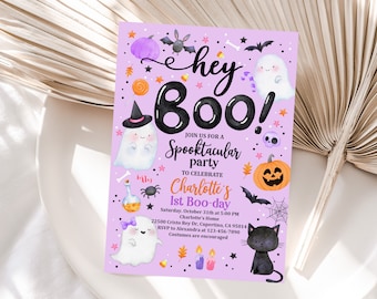 Halloween Purple Ghost Birthday Invitation Hey Boo Ghost Party Spooktacular Halloween Party Girly Cute Editable Printable Download Hab4