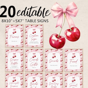 Cherry Baby Shower Table Signs - Pink Bow Editable Digital Decor Bab349