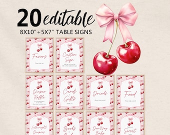 Cherry Baby Shower Table Signs - Pink Bow Editable Digital Decor Bab349
