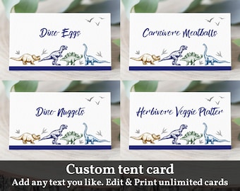 Dinosaur Birthday Food Tent Cards, Editable Printable Labels (5x7in) Bir111