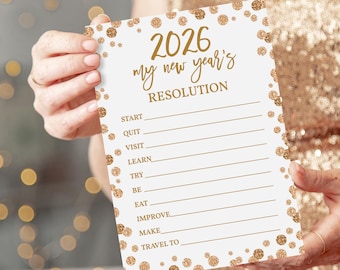 New Year's Resolution Cards - Printable Gold Party Game 2025