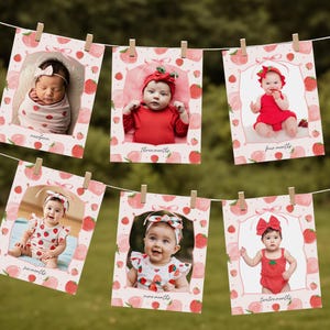 Cartes-photos modifiables aux fraises, jalons du mois, bannière d'anniversaire, décoration d'anniversaire, bannière de chaise haute, photo de première année de baies imprimables Bir429