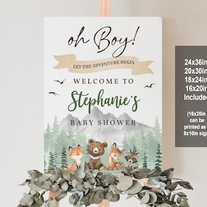 Che l'avventura abbia inizio Baby Shower cartello di benvenuto Animali del bosco benvenuto poster Foresta Montagna Digitale Modificabile Stampabile Scarica Bab194