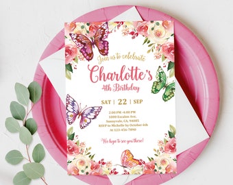 Schmetterling-Geburtstagseinladung, rosa Blumengarten-Party (editierbar druckbar) Bir90