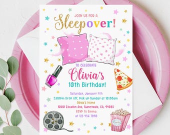 May include: A rectangular sleepover invitation card featuring gold glitter text, two pink pillows, a bottle of pink nail polish, a slice of pepperoni pizza, a film reel, and a popcorn bucket. The text reads: JOIN US FOR A Sleepover! TO CELEBRATE Olivia's 10th Birthday!
