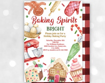 May include: A white invitation with a red and green gingham pattern border. The invitation features a watercolor illustration of various baking supplies and desserts, including a gingerbread man, a rolling pin, a red oven mitt, a bowl of eggs, a red stand mixer, a green piping bag, a gingerbread house, and a cupcake with a cherry on top. The text "Baking Spirits BRIGHT" is written in red and green letters. The invitation includes details for a holiday baking party, including the date, time, location, and RSVP information.