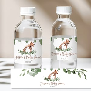 Giraffe Wasserflasche Etikett Safari Tiere Baby-Dusche-Etikett Tropischer Dschungel Favor Gender neutral Greenery Editable Printable Digital Bab36