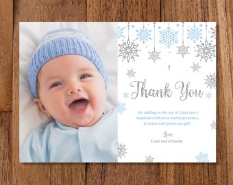 Boy Snowflake Baptism Photo Thank you card  Winter Baby Boy Baptism Thank you card  Blue Silver Baptism  Download  EDITABLE