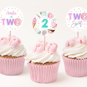 Two sweet cupcake topper Sweet party Girl 2nd Birthday Ice cream Donut Candy favor Tags Pastel Toppers Editable Printable Download Bir338