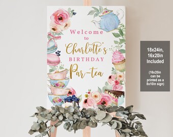May include: A watercolor-style birthday party sign with pink flowers, teacups, and macarons. The sign says "Welcome to Charlotte's Birthday Par-tea".