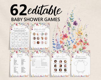 Könnte beinhalten: Ein Set mit 62 druckbaren Babyparty-Spielen mit floralem Thema. Die Spiele beinhalten "Find the Guest Bingo", "Baby or Bear Belly", "What's in Your Purse", "Baby Predictions & Advice", "Who's Who" und "Design a Onesie".