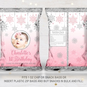 Winter snowflake photo chip bag  Pink Silver Winter Onederland Chip Bag  INSANT DOWNLOAD  EDITABLE  Bir8