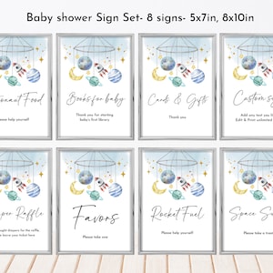 Weltraum Baby Shower Sign Set Essen Getränke Gefälligkeiten Weltraum Party Tischschild Bundle Astronaut Boy Planeten Dekoration Bearbeitbar Printable Bab270