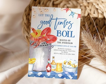 Low Country Boil-uitnodiging, Garnalen Boil-verjaardagsuitnodigingen, Zeevruchten Kook-verjaardagsuitnodiging, familie of een ander feest, Canva-sjabloon Abir7