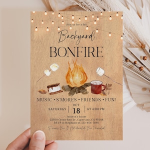 May include: A rustic invitation for a fall Backyard Bonfire, featuring watercolor illustrations of a bonfire, marshmallows, and s'mores. The invitation includes event details: date, time, and location. The text reads: "Join us for a fall Backyard BONFIRE."