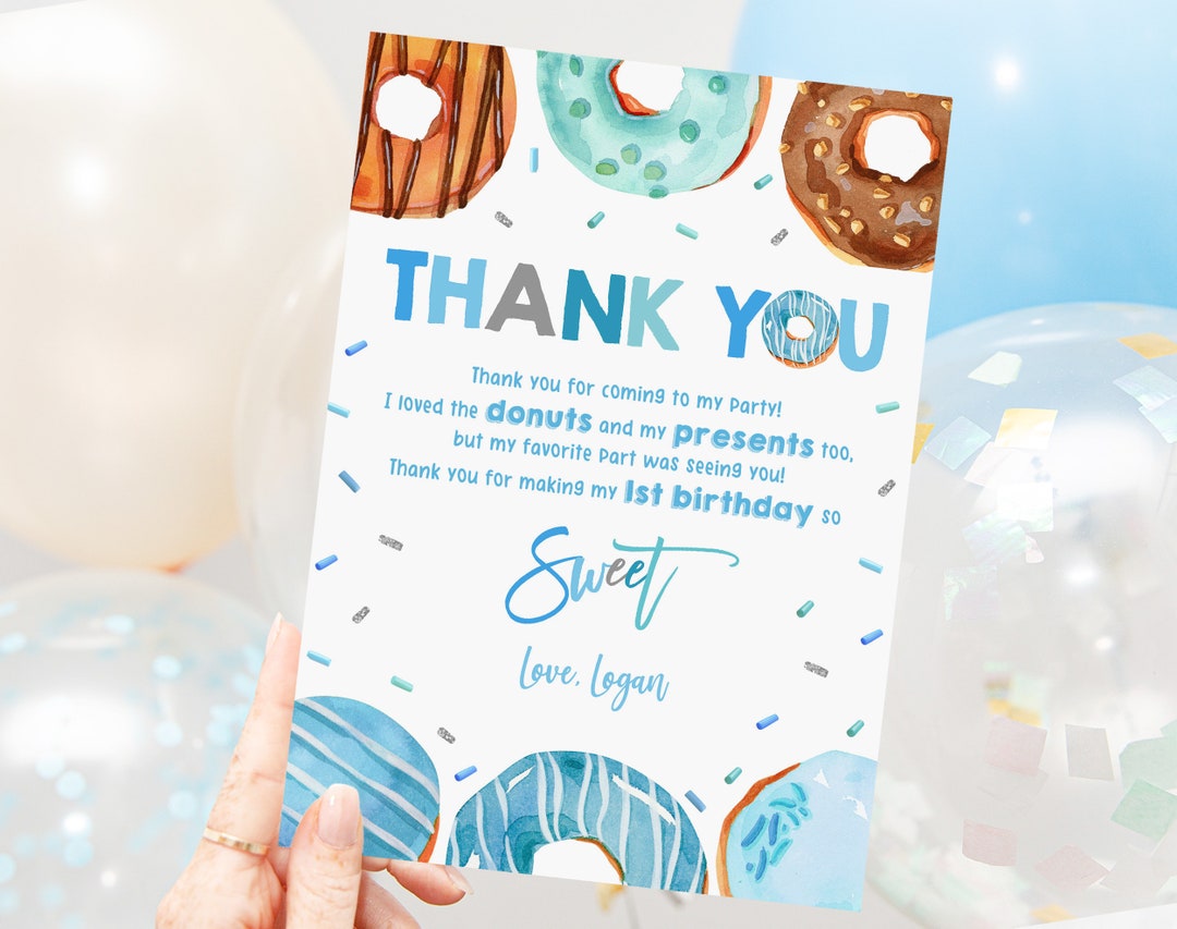 Editable Donut Thank You Card Blue Donut Birthday Party Thank You