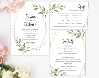 Greenery Wedding Invitations: Botanical Geometric Style (Editable Download)