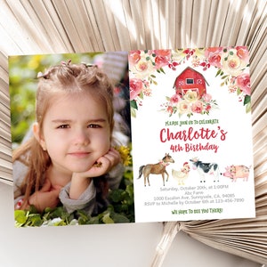 Farm Birthday Invitation Farm Animals Party Farm Invite Girl Pink Red Floral Barnyard Photo Invite Printable Editable Download Bir33