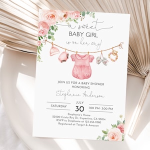 Girl Baby Clothes Baby shower Invitation A sweet baby Girl is on her way Laundry Pink Floral Boho baby Editable Printable Download Bab215